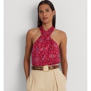 NWT- Lauren Ralph Lauren Women's Geo-Print Shantung Halter Blouse